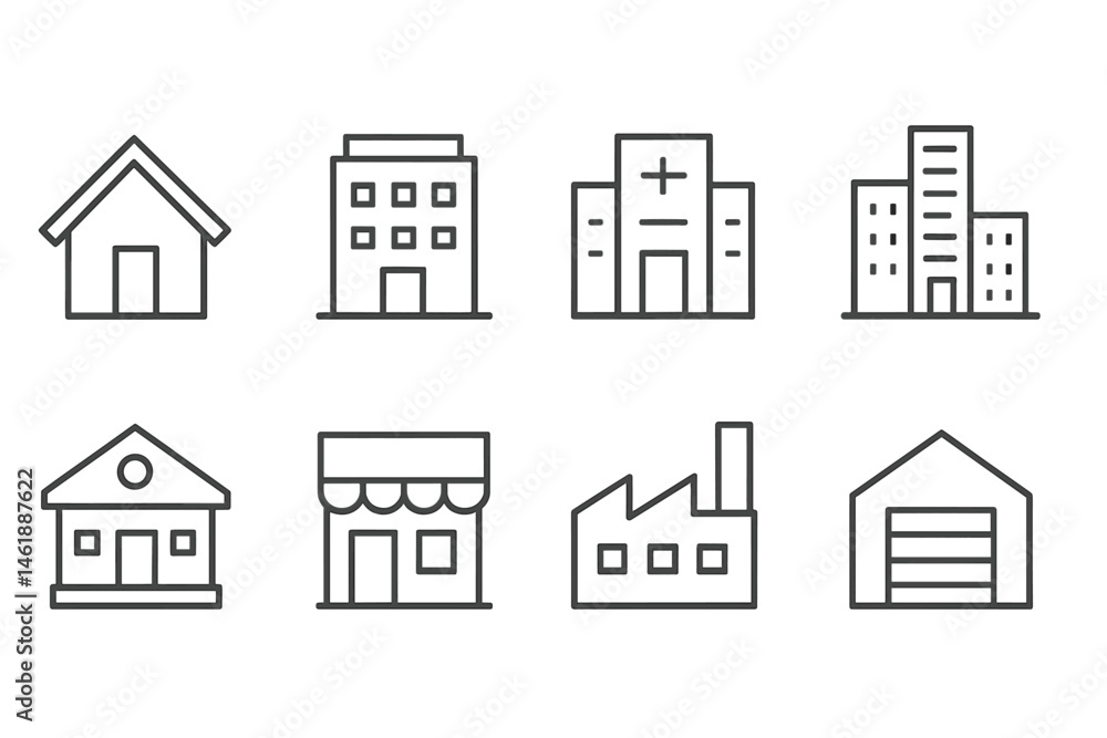 Vector icons of various building types including houses, offices ...