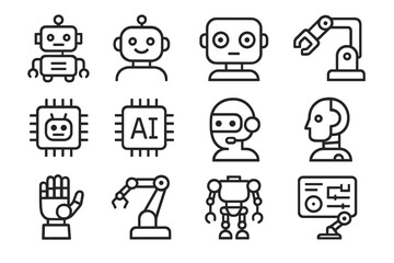 Vector illustration icons depicting various robots, AI elements, and automation technology in a modern context