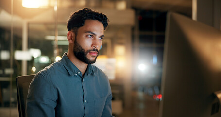 Leinwandbilder - Computer, man and programmer in office at night with deadline for web development with software update. Technology, IT and male coder for cybersecurity, coding or online algorithm in workplace.