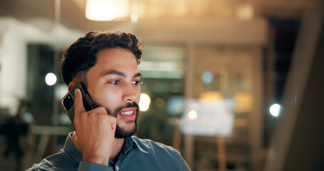 Aufkleber - Phone call, communication and businessman in office at night for investment negotiation, finance or profit. Cellphone, professional and trader on mobile discussion for client revenue growth feedback.