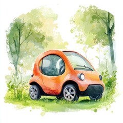  Cute orange car in a lush green forest
