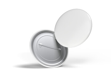 Blank Round Pin Badges Mockup Template isolated on background. Plastic empty white button badge with metal for branding souvenir magnet, brooch pin, emblem, merchandise, volunteer label. 3D rendering