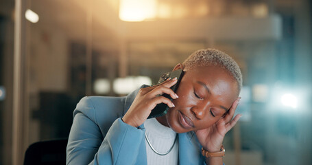Aufkleber - Phone call, business and black woman at night with stress for contact with issue, mistake and problem. Burnout, working late and tired person on smartphone for discussion, chat and communication