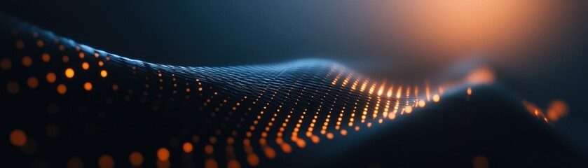 Fototapete - Abstract Wave of Dotted Lights with Gradient Orange and Blue Background Featuring Dynamic Curves and Modern Geometric Design for Creative Technology and Science Concepts