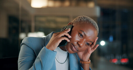 Aufkleber - Phone call, business and black woman at night with worry for contact, discussion and communication. Working late, frustrated and tired person on smartphone for networking, conversation and connection