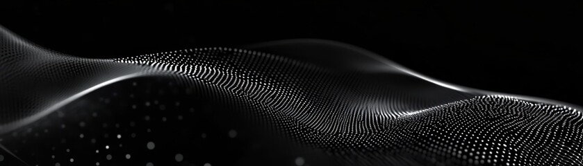 Fototapete - Abstract Wavy Particle Background with Dark Tones and Dynamic Light Display Seamless Digital Data Stream and Futuristic Design on Black Backdrop