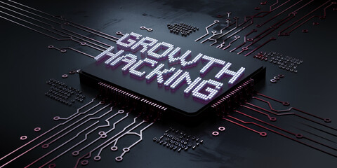 Growth Hacking text on a circuit board, showcasing digital marketing strategy and technological advancement