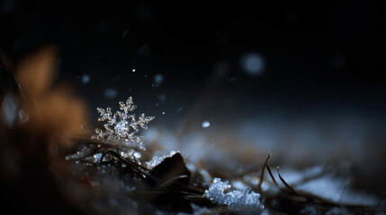 Wall Mural - Six pointed snowflake with delicate branches, falling softly to the terra firma