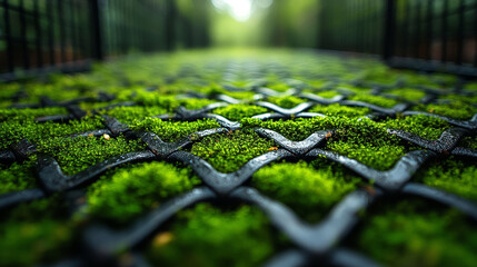 Macro photography of living moss patterns growing on a stainless steel mesh, with a shallow depth of field.