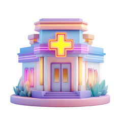Leinwandbilder - Striking 3D of a small modern hospital building with a glowing medical cross on the vibrant pastel colored facade surrounded by stylized nature elements