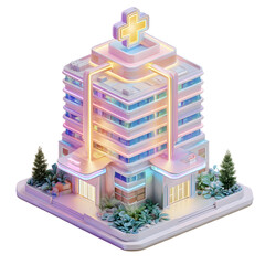 Aufkleber - Colorful and futuristic 3D of a modern hospital building with a vibrant pastel toned facade and a glowing medical cross emblem on top set against a minimalist landscape with trees