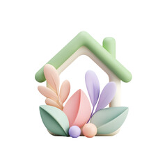 Poster - Soft minimalist 3D rendering of a pastel toned home icon surrounded by delicate leaf shapes in calming colors like mint pink and lavender