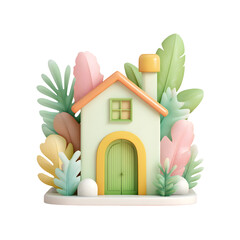 Poster - Whimsical and stylized 3D depicting a charming green house with a vibrant pastel colored plant filled environment
