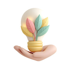Poster - A 3D digital rendering of a pastel colored concept featuring a floating lightbulb with a leafy interior supported by a caring hand in the background