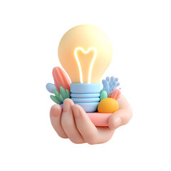 Fototapete - Soft 3D pastel concept of a clean renewable energy idea represented by a glowing eco friendly light bulb held in a human hand against a cheerful pastel background