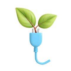 Poster - Vibrant 3D of an electric plug emerging from two bright green leaves representing the concept of renewable energy and sustainable power solutions