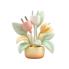 Poster - A whimsical 3D depicting an electric plug sprouting from a stylized plant base rendered in a soft pastel color palette of mint pink and yellow