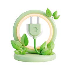 Aufkleber - Minimalist 3D concept of a pastel colored green electric plug surrounded by leafy elements and a glowing power symbol set against a clean white background