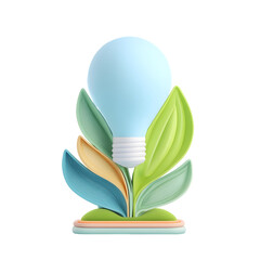 Fototapete - Minimalist 3D pastel of a green energy lightbulb growing from a leaf base in vibrant clean colors
