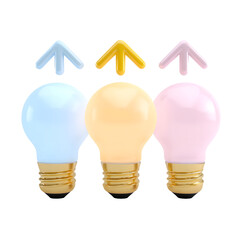 Aufkleber - Three pastel colored light bulbs with upgrade arrow symbols above representing the concept of energy transition and technological advancement