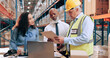 © Jessy25/peopleimages.com - Supply chain, people and documents in warehouse, laptop and online schedule for stock distribution. Employees, logistics and meeting with pc, inventory or tablet for email, operations manager or talk