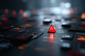 digital warning: alert symbol on a futuristic surface, signifying a system error or security breach.