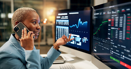 Aufkleber - Phone call, computer screen and black woman in office at night for investment negotiation, finance or profit. Cellphone, contact and trader with discussion for financial statistics, graphs or charts.