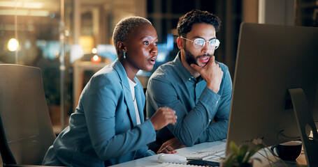 Leinwandbilder - Computer, night and thinking with business people in office together for development or planning. Collaboration, feedback or review with employee man and woman in workplace for project management