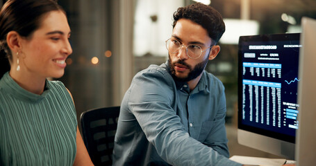 Aufkleber - Computer screen, investment and night with business people in office together for stock market trading. Conversation, feedback or review with man and woman in workplace for portfolio management