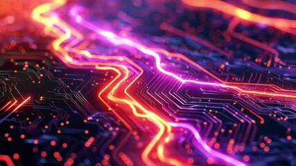 Wall Mural - An abstract electronic circuit board on a blue background with glowing lights in orange, purple, and yellow, creating a futuristic and innovative feel.
