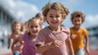 © liliyabatyrova - A joyful group of diverse children runs energetically across a park, laughing and enjoying their time together under a blue sky filled with fluffy clouds