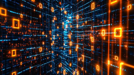 Abstract Digital Data Stream glowing orange and blue binary code technology background