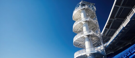 modern stadium spiral staircase against a clear blue sky.