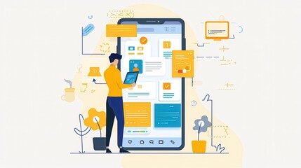 Man holding a tablet standing in front of a large smartphone with application user interface on screen