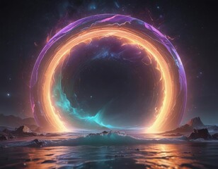 Wall Mural - ethereal portal, cosmic waves distort its shimmering surface, vibrant hues , colors, vibrant, mystic