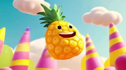 Smiling Pineapple Cartoon Character Floating in a Candy Land with Striped Candy Canes and Pastel Clouds Against a Soft Blue Background Perfect for Children's Animated Content