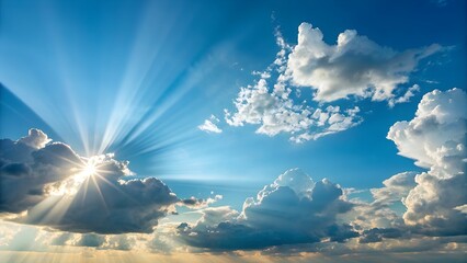Wall Mural - Bright sunlight breaking through clouds in a serene sky setting