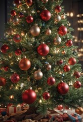 Wall Mural - Ornate Christmas tree, vibrant baubles, bokeh lights ,  glitter,  magic