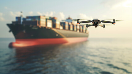 Aufkleber - This Drone flies near a cargo ship, demonstrating the integration of technology in maritime logistics.