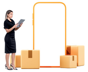Wall Mural - businesswoman holding tablet near large smartphone frame with cardboard boxes, isolated on white bac