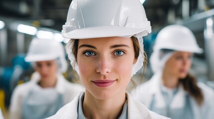 Wall Mural - Female Factory worker wearing a safety helmet in the background of a production line