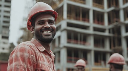 Wall Mural - happy of team construction worker working at construction site. Man smiling with workers, with copy space