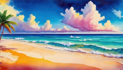 Aufkleber - vibrant watercolor beach sunset with waves and clouds for web design, print posters, branding backgrounds, or nature themed digital illustrations

