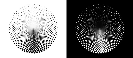 Fototapete - Modern abstract background. Halftone dots in circle form. Round logo. Vector dotted frame. Design element or icon. Black shape on a white background and the same white shape on the black side.