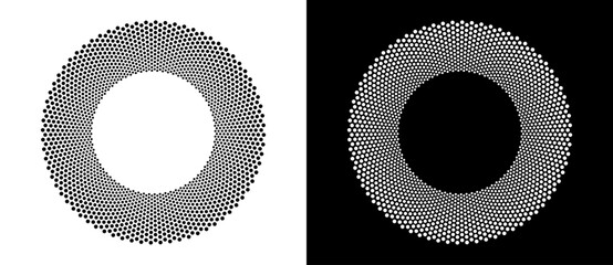 Fototapete - Modern abstract background. Halftone dots in circle form. Round logo. Vector dotted frame. Design element or icon. Black shape on a white background and the same white shape on the black side.