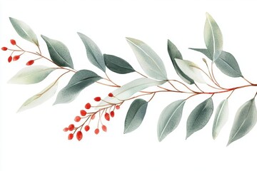 eucalyptus and red flower watercolor illustration