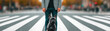 © Chaiwit - Man in business casual attire stands on crosswalk with French Bulldog, creating striking urban scene