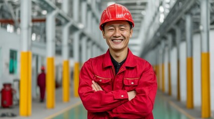Wall Mural - Portrait of a happy chinese factory worker wearing hard hat and work clothes, with copy space 