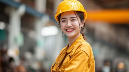 Wall Mural - Portrait of a happy chinese factory worker wearing hard hat and work clothes, with copy space 