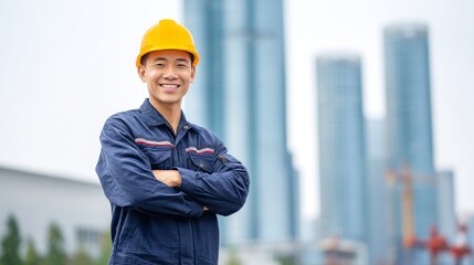 Wall Mural - Portrait of a happy chinese factory worker wearing hard hat and work clothes, with copy space 